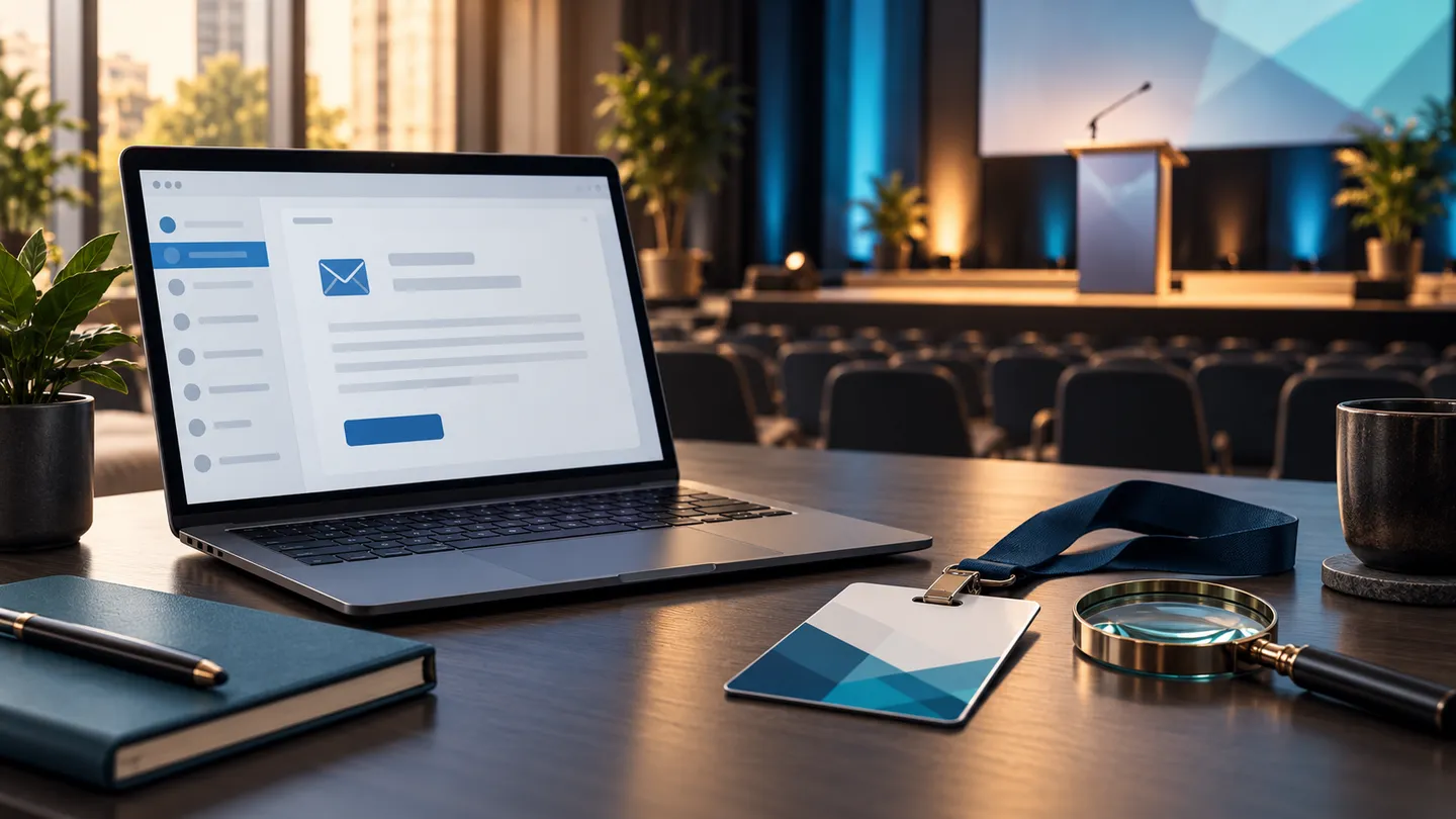 An email invitation on a laptop beside a conference badge and magnifying glass, with a stage in the background